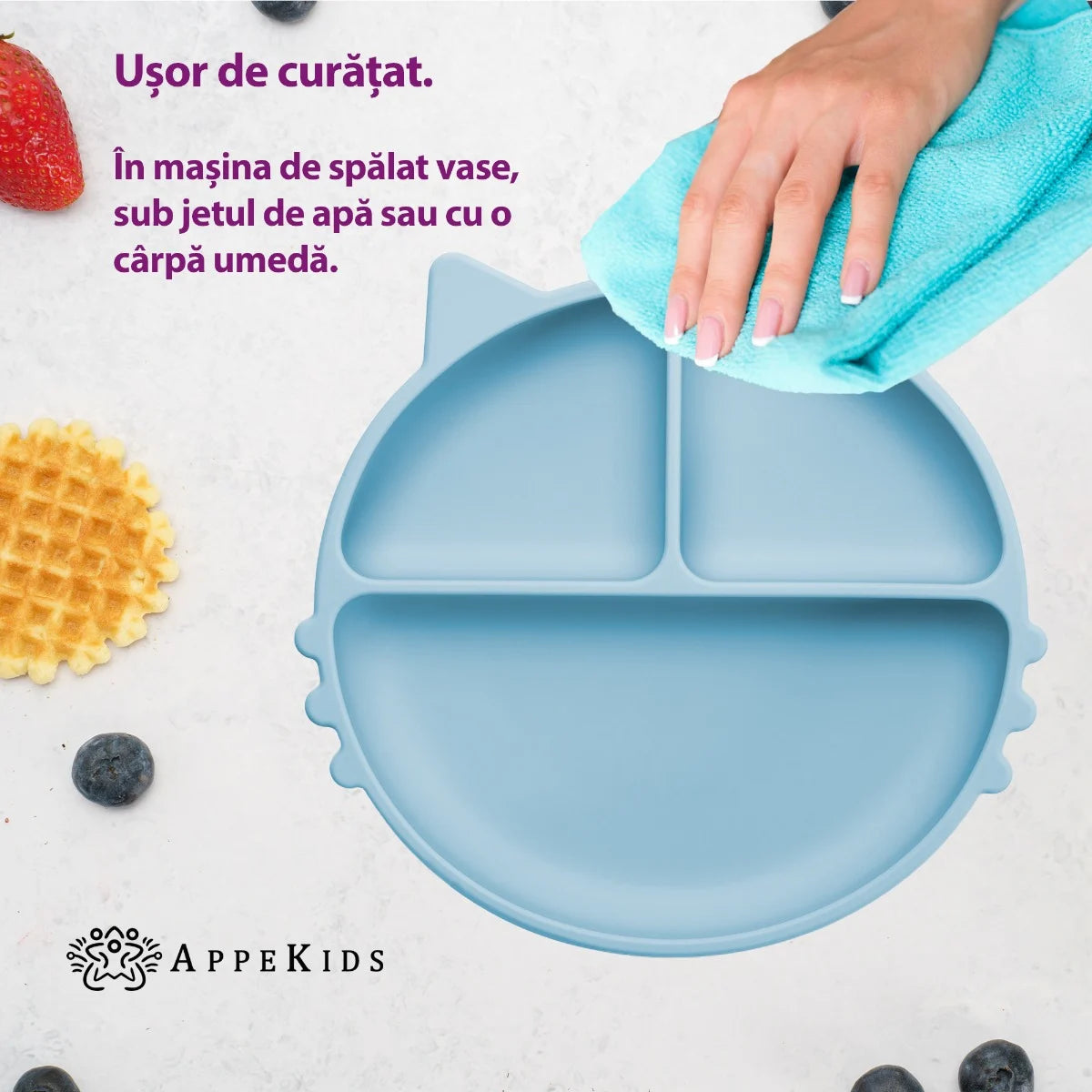AppeKids farfurie silicon cu ventuza Kitty I pentru 6m+ Aqua Blue