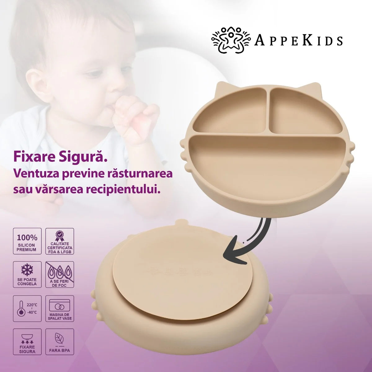AppeKids farfurie silicon cu ventuza Kitty I pentru 6m+ Bubble Beige