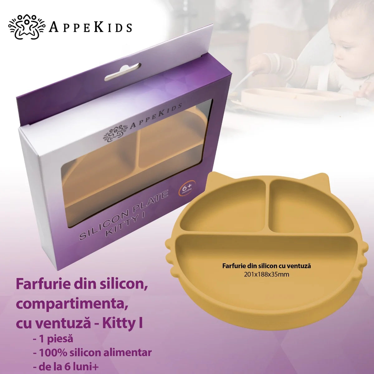 AppeKids farfurie silicon cu ventuza Kitty I pentru 6m+ Honey