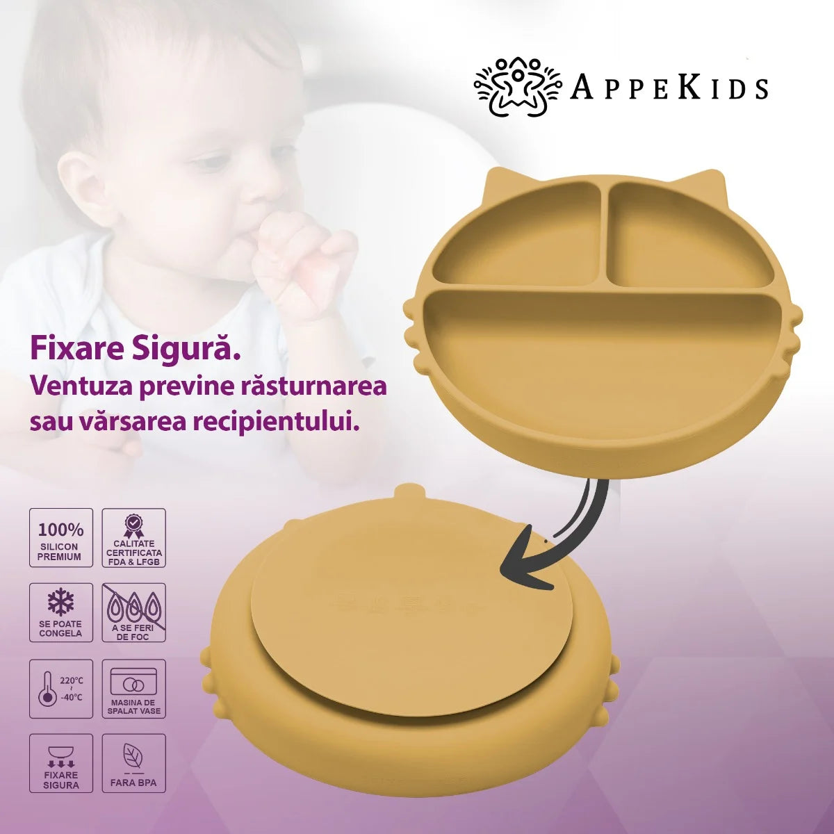 AppeKids farfurie silicon cu ventuza Kitty I pentru 6m+ Honey