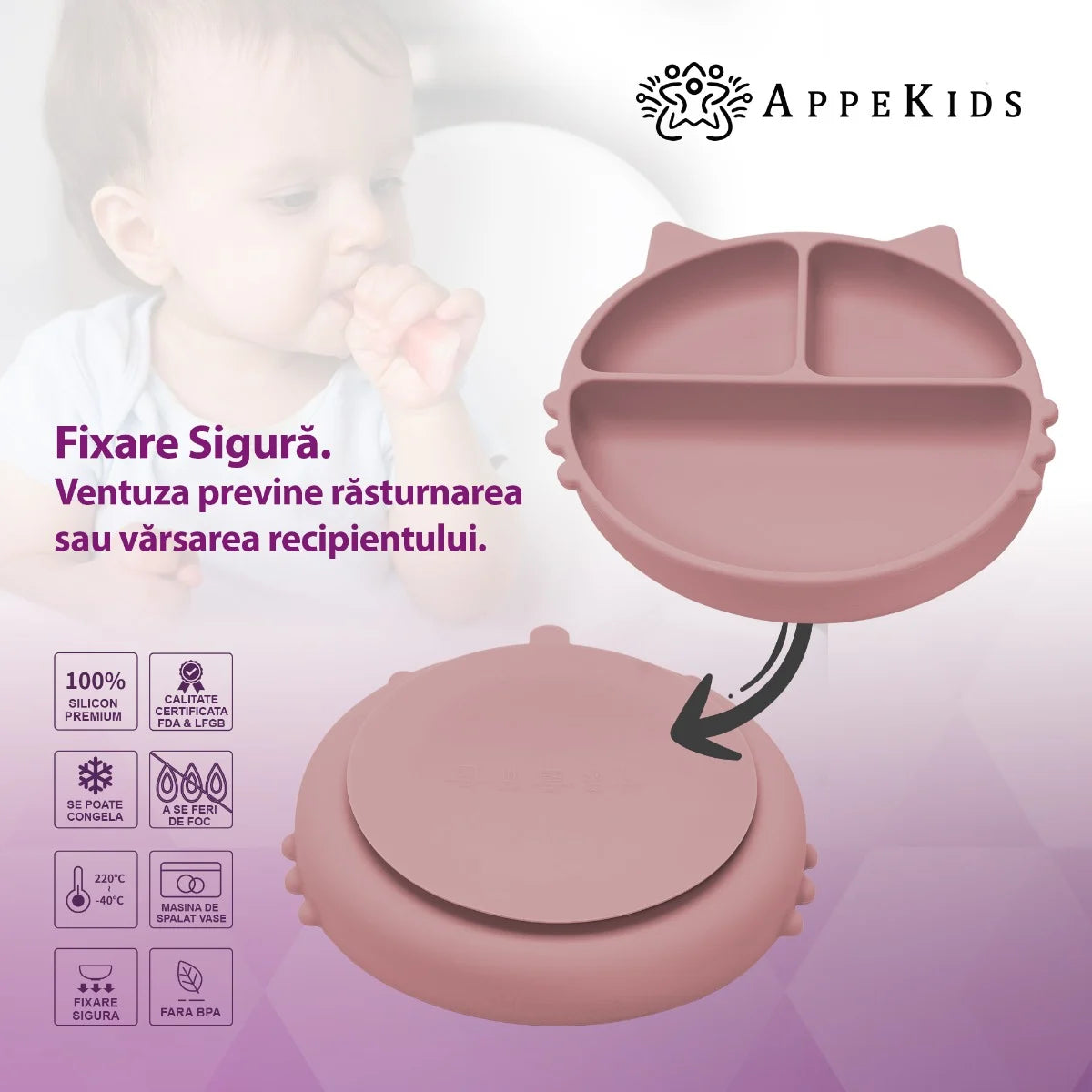 AppeKids farfurie silicon cu ventuza Kitty I pentru 6m+ Old Rose
