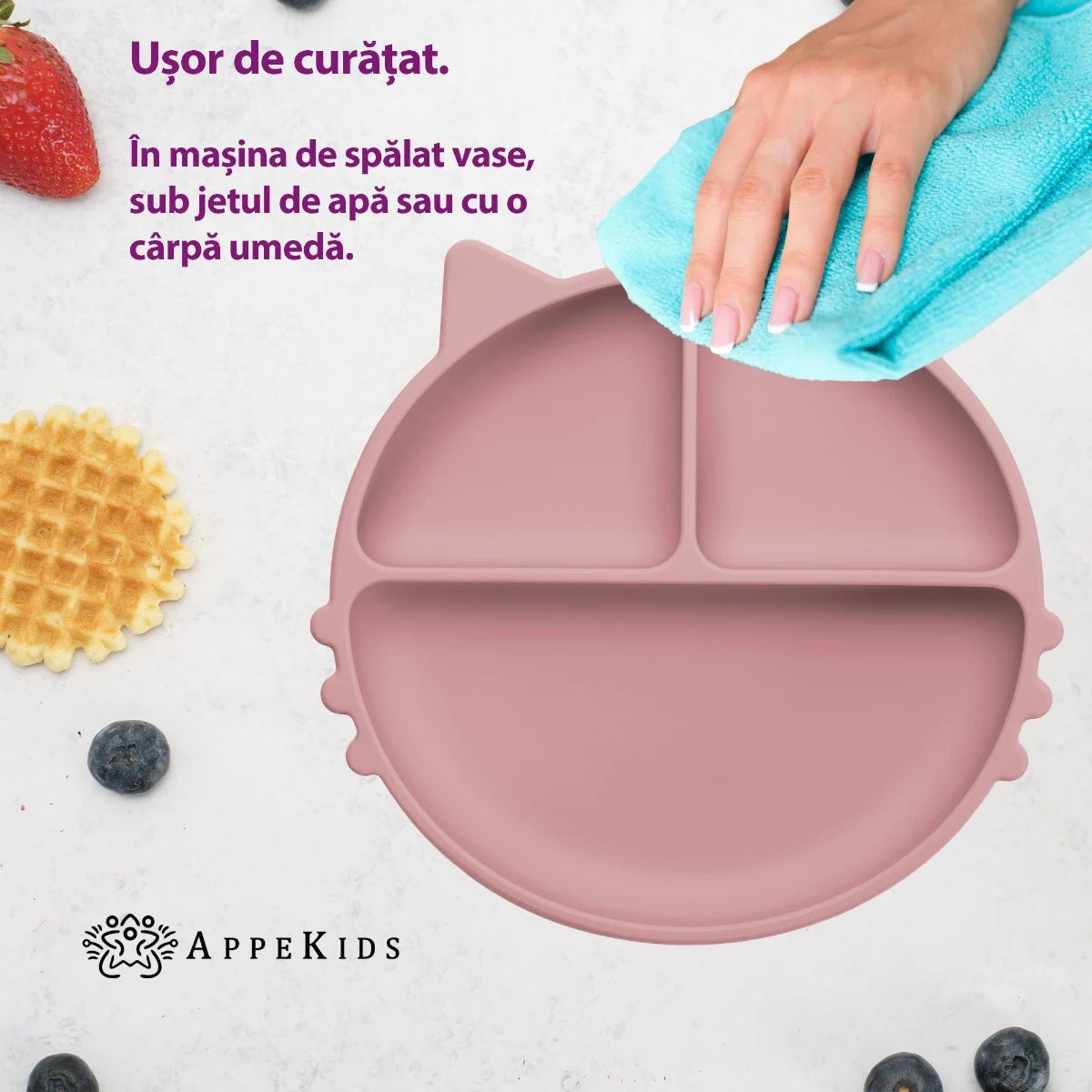 AppeKids farfurie silicon cu ventuza Kitty I pentru 6m+ Old Rose