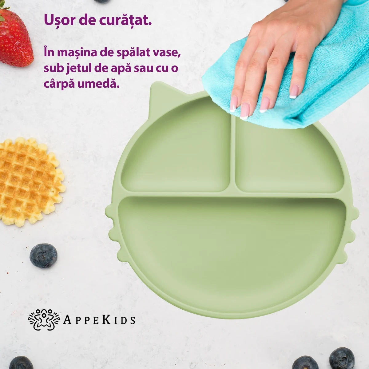 AppeKids farfurie silicon cu ventuza Kitty I pentru 6m+ Raw Green