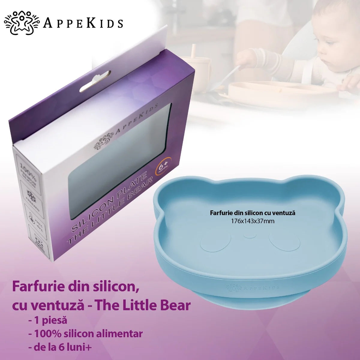 AppeKids farfurie silicon cu ventuza Little Bear 6m+ Aqua Blue