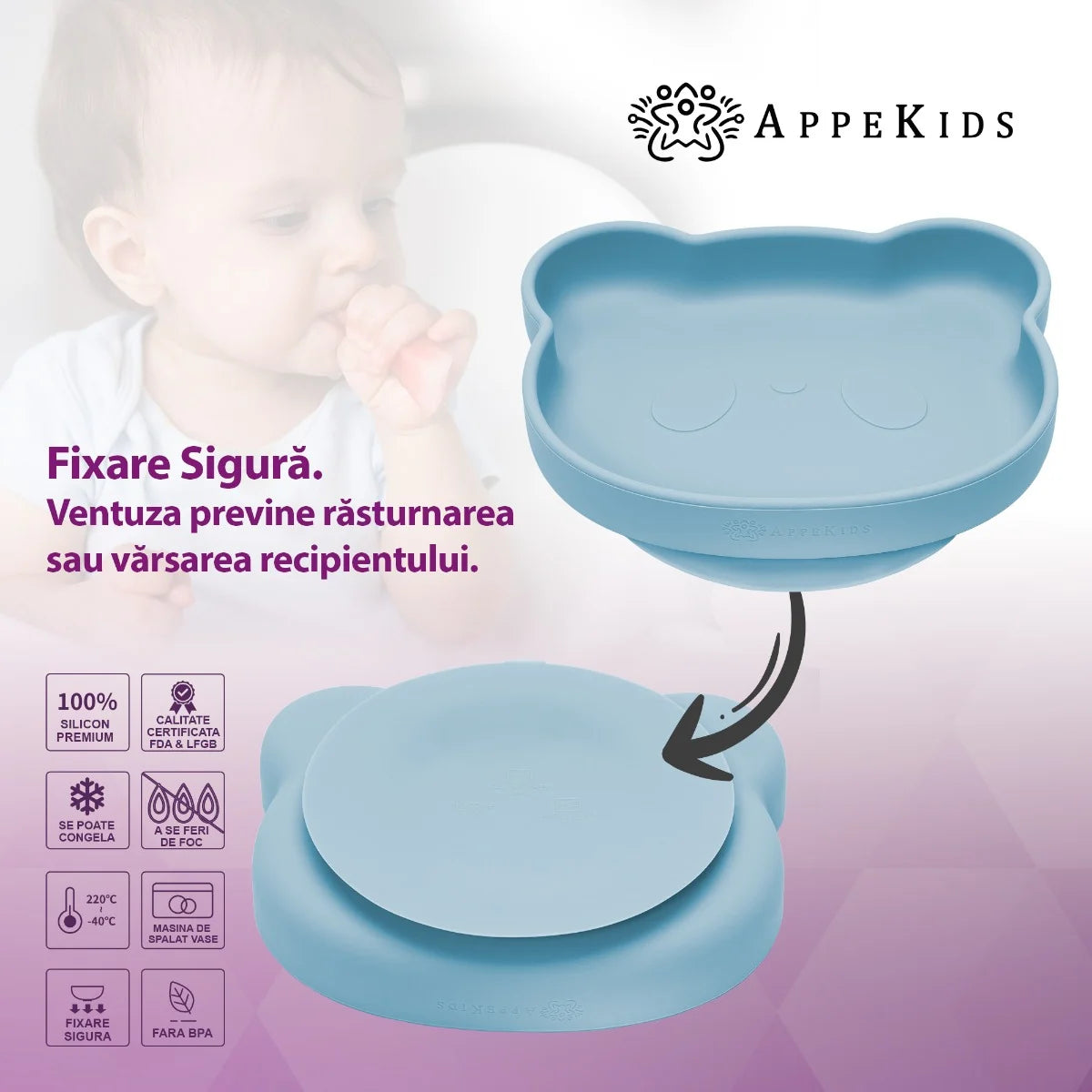 AppeKids farfurie silicon cu ventuza Little Bear 6m+ Aqua Blue