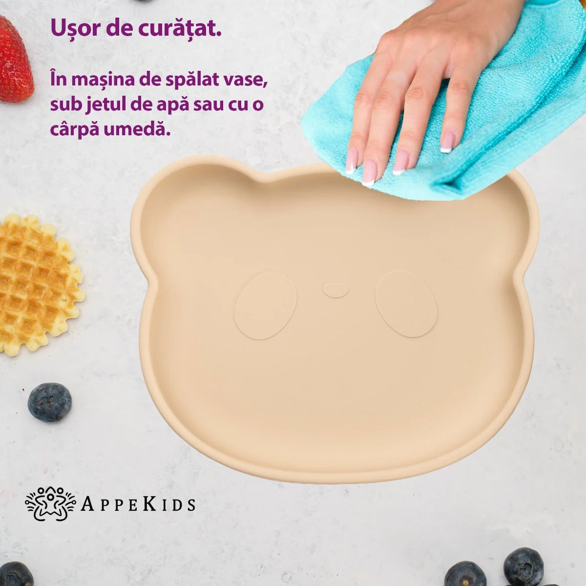 AppeKids farfurie silicon cu ventuza Little Bear 6m+ Bubble Beige