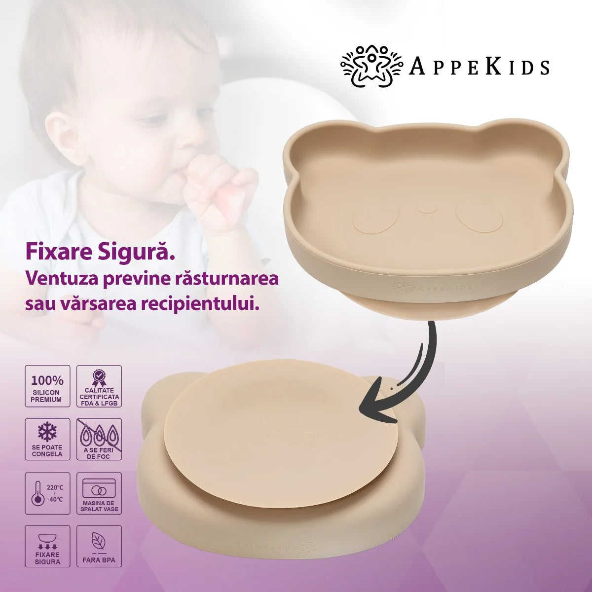 AppeKids farfurie silicon cu ventuza Little Bear 6m+ Bubble Beige