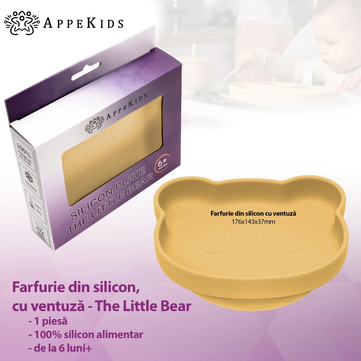 AppeKids farfurie silicon cu ventuza Little Bear 6m+ Honey