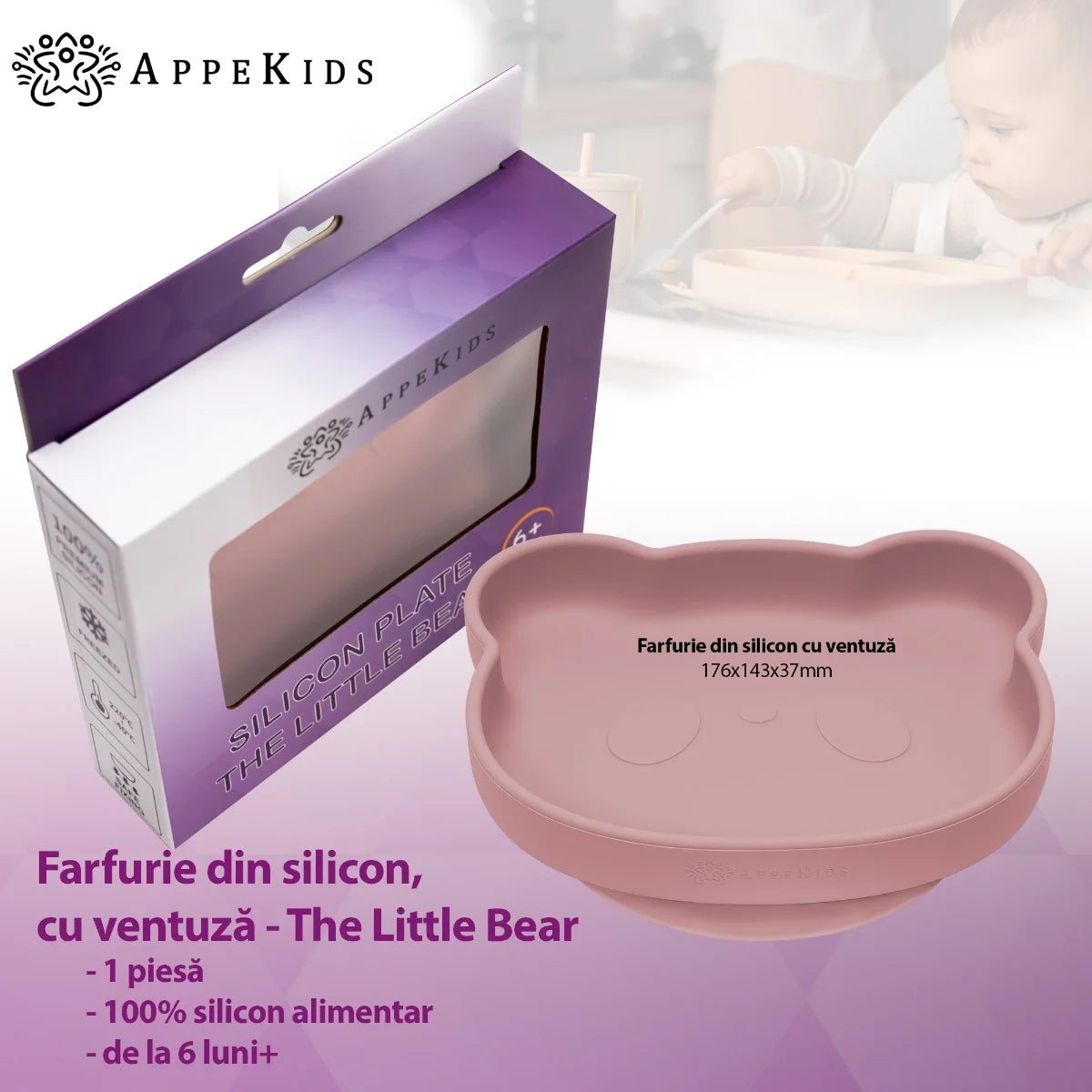 AppeKids farfurie silicon cu ventuza Little Bear 6m+ Old Rose