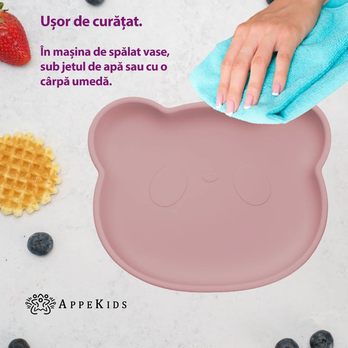 AppeKids farfurie silicon cu ventuza Little Bear 6m+ Old Rose