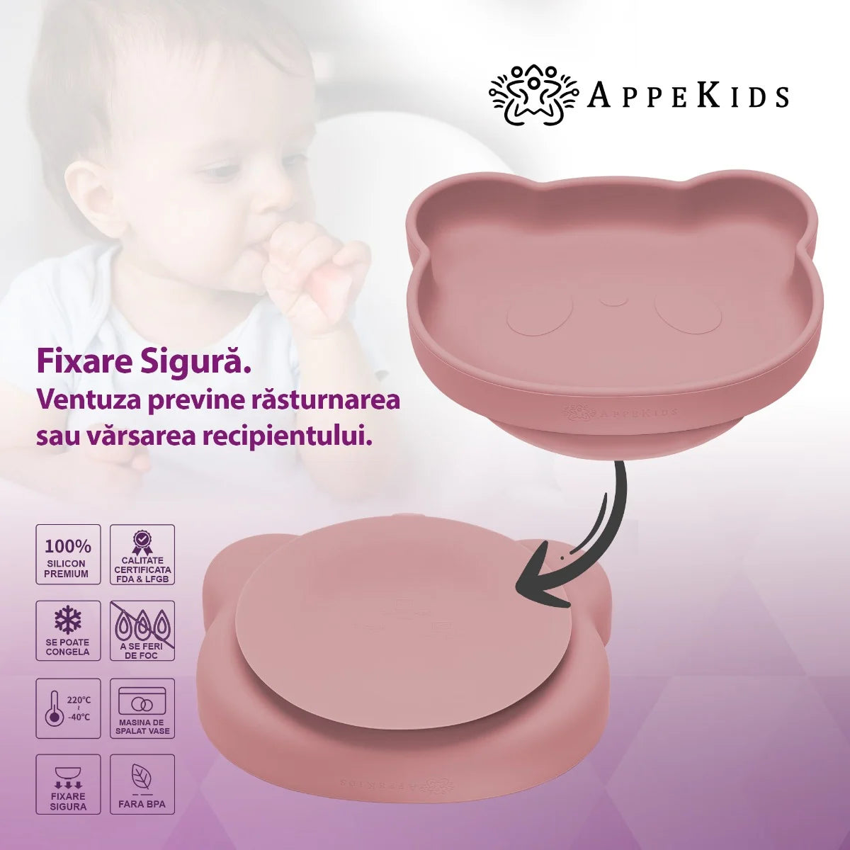 AppeKids farfurie silicon cu ventuza Little Bear 6m+ Old Rose