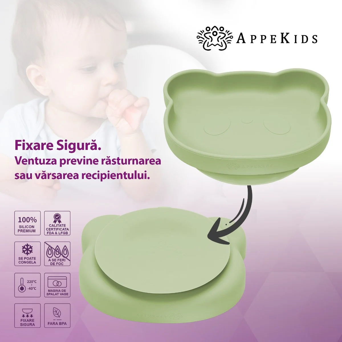AppeKids farfurie silicon cu ventuza Little Bear 6m+ Raw Green