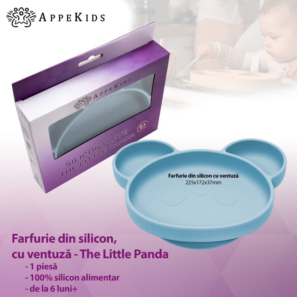 AppeKids farfurie silicon cu ventuza Panda 6m+ Aqua Blue