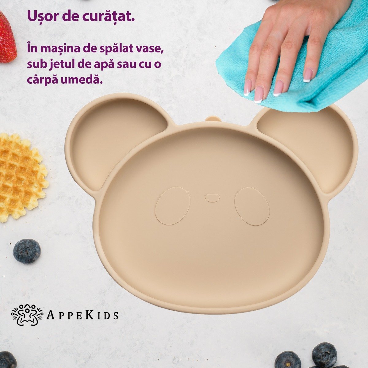 AppeKids farfurie silicon cu ventuza Panda 6m+ Bubble Beige