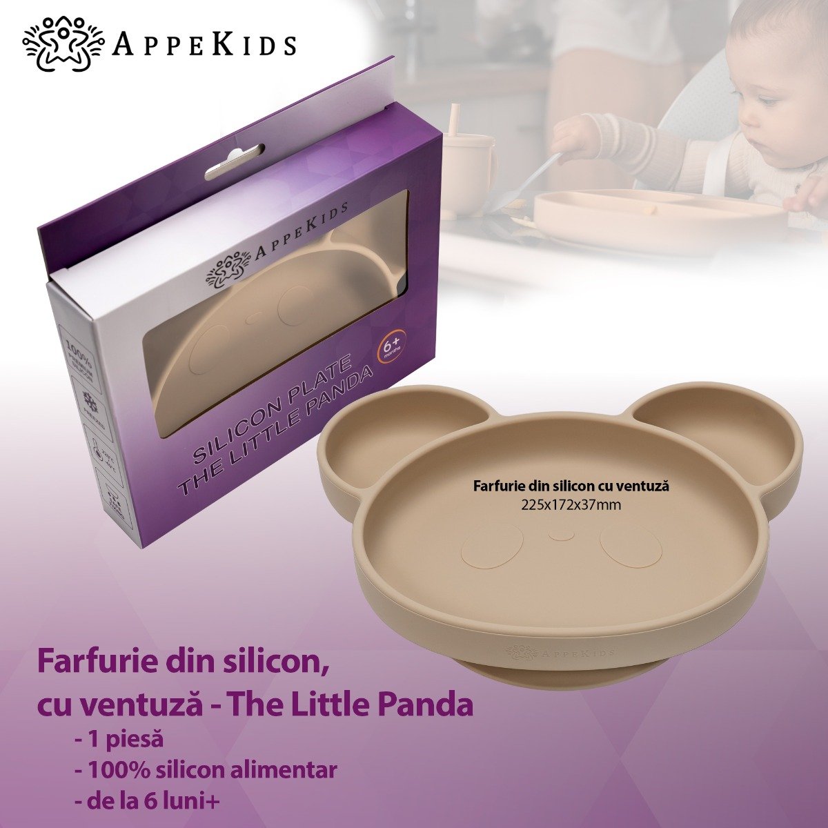 AppeKids farfurie silicon cu ventuza Panda 6m+ Bubble Beige
