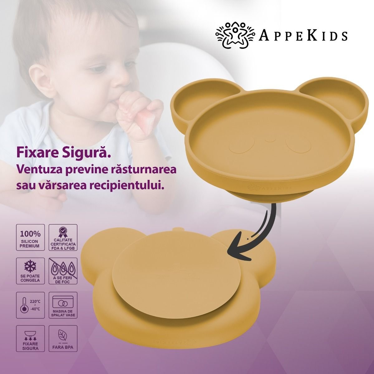 AppeKids farfurie silicon cu ventuza Panda 6m+ Honey