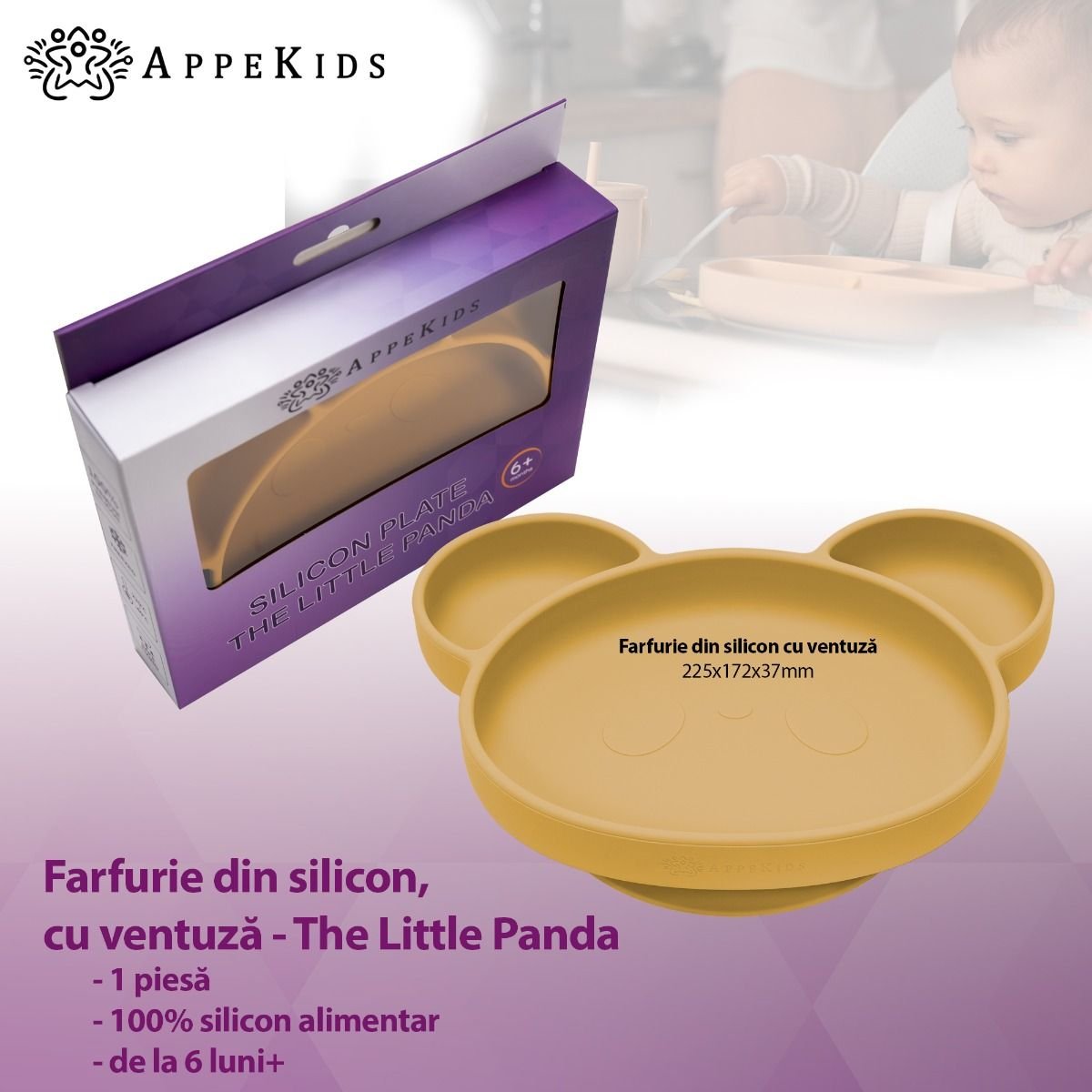 AppeKids farfurie silicon cu ventuza Panda 6m+ Honey
