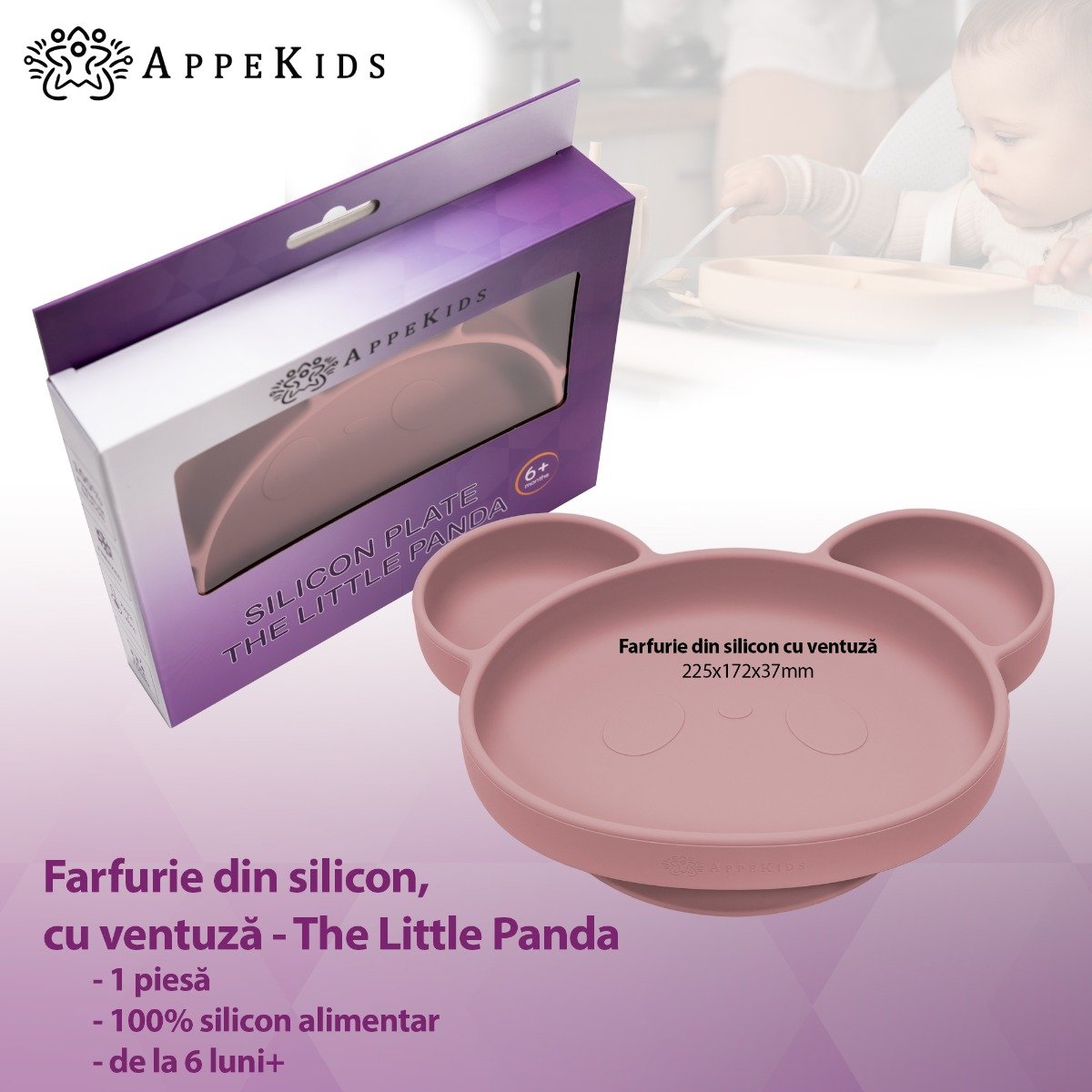 AppeKids farfurie silicon cu ventuza Panda 6m+ Old Rose