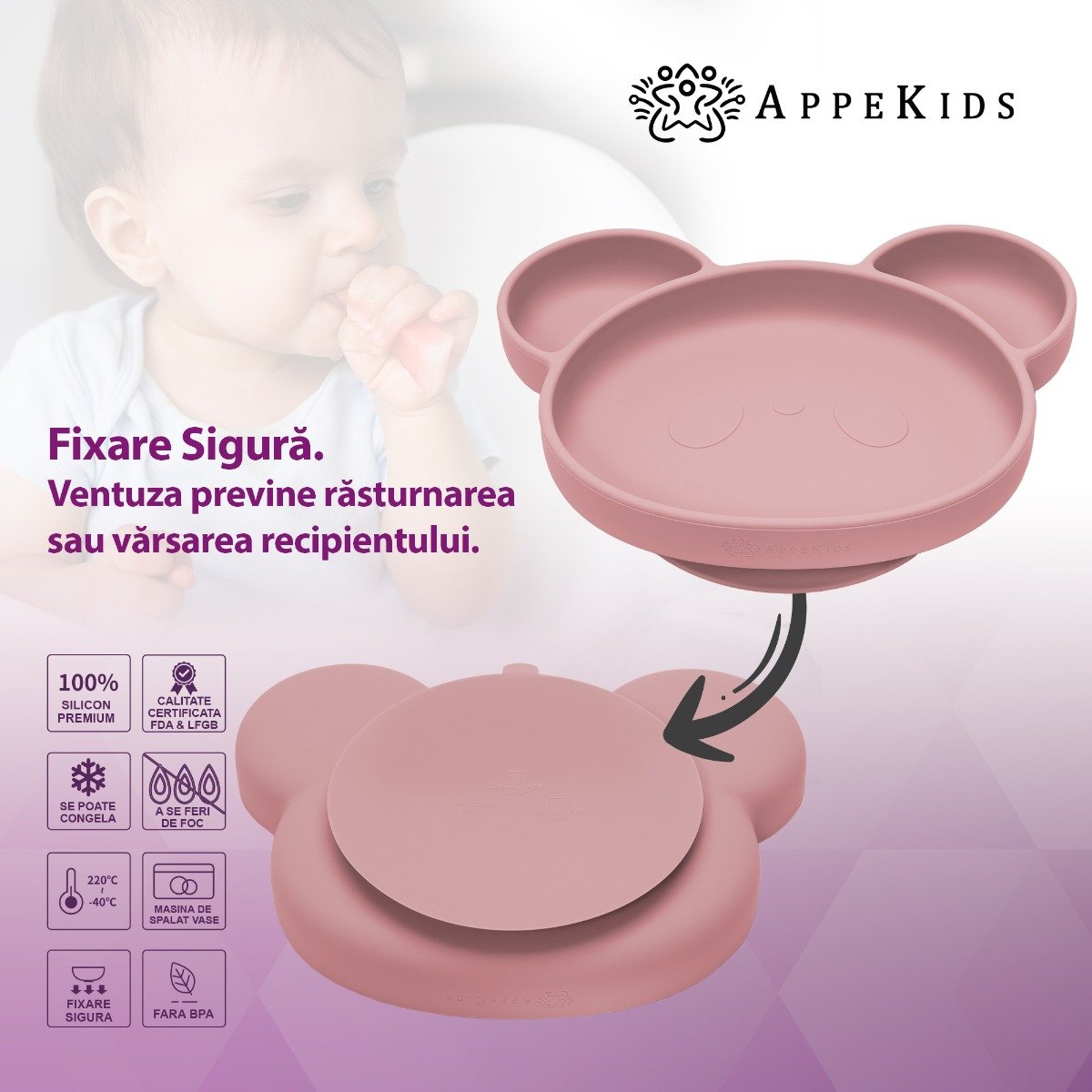 AppeKids farfurie silicon cu ventuza Panda 6m+ Old Rose