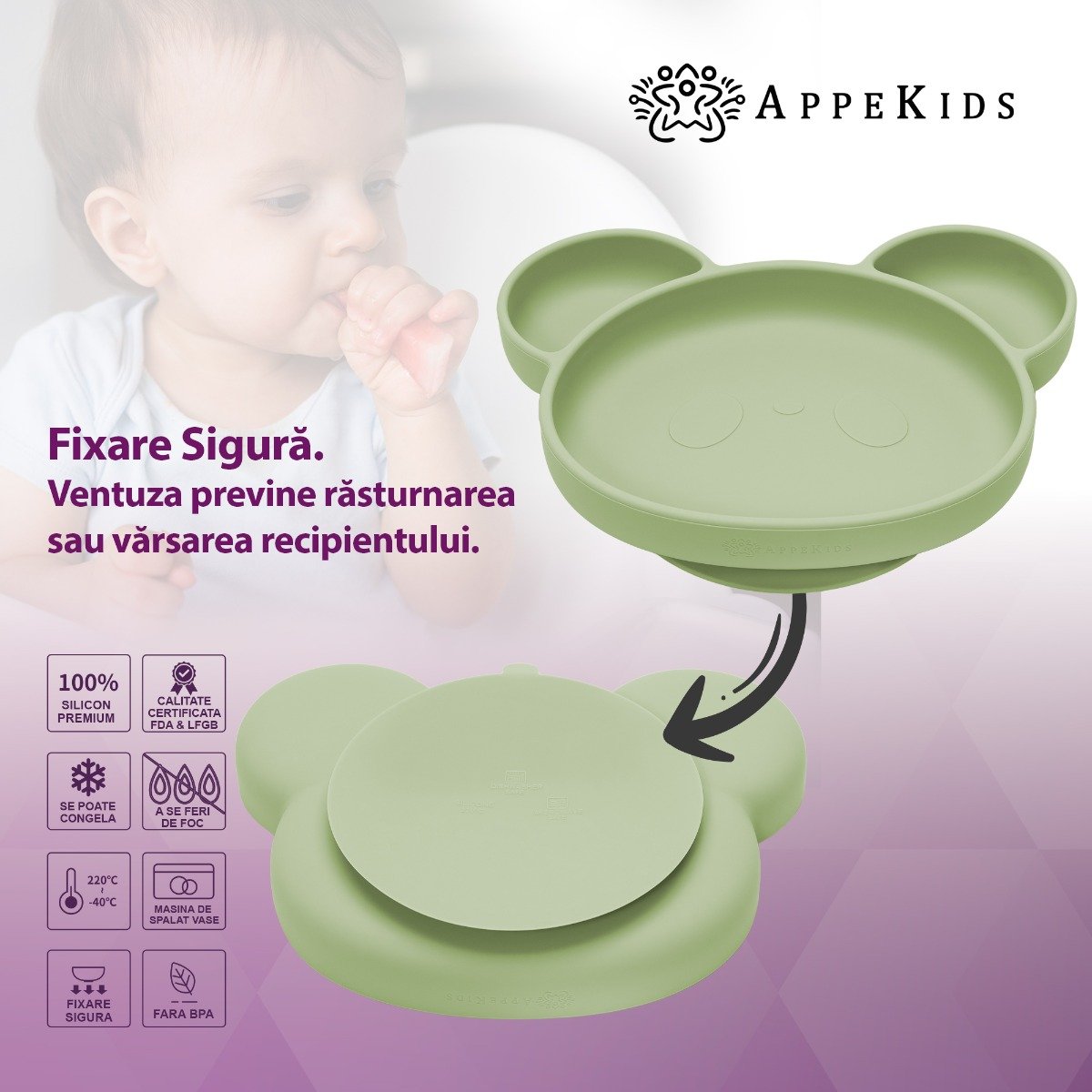 AppeKids farfurie silicon cu ventuza Panda 6m+ Raw Green