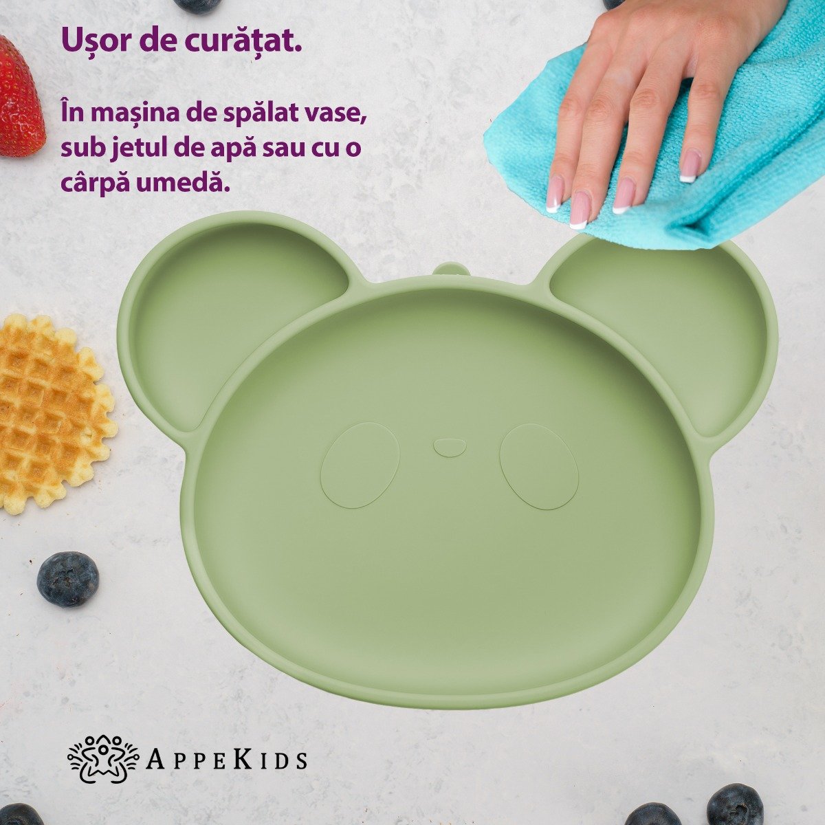 AppeKids farfurie silicon cu ventuza Panda 6m+ Raw Green