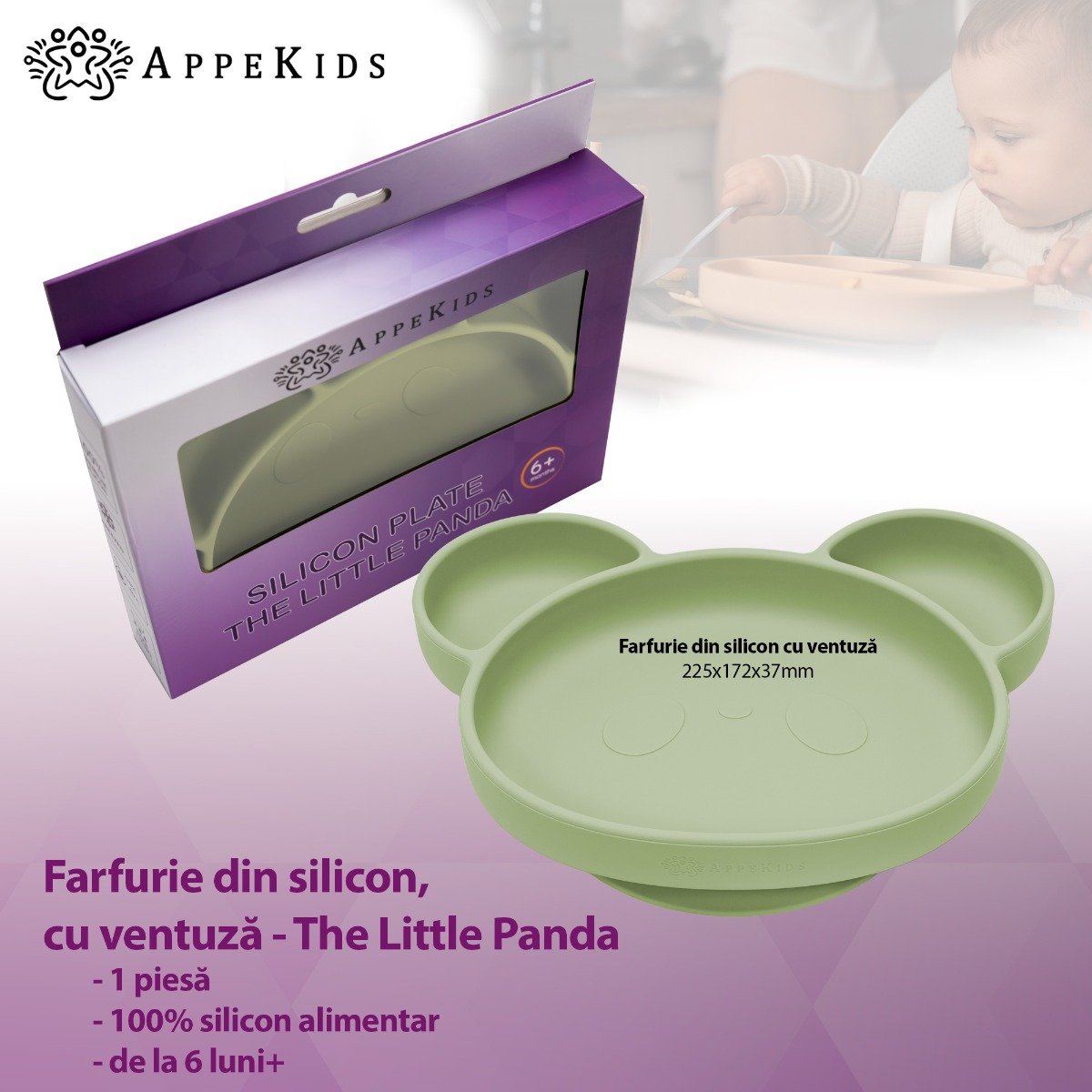 AppeKids farfurie silicon cu ventuza Panda 6m+ Raw Green