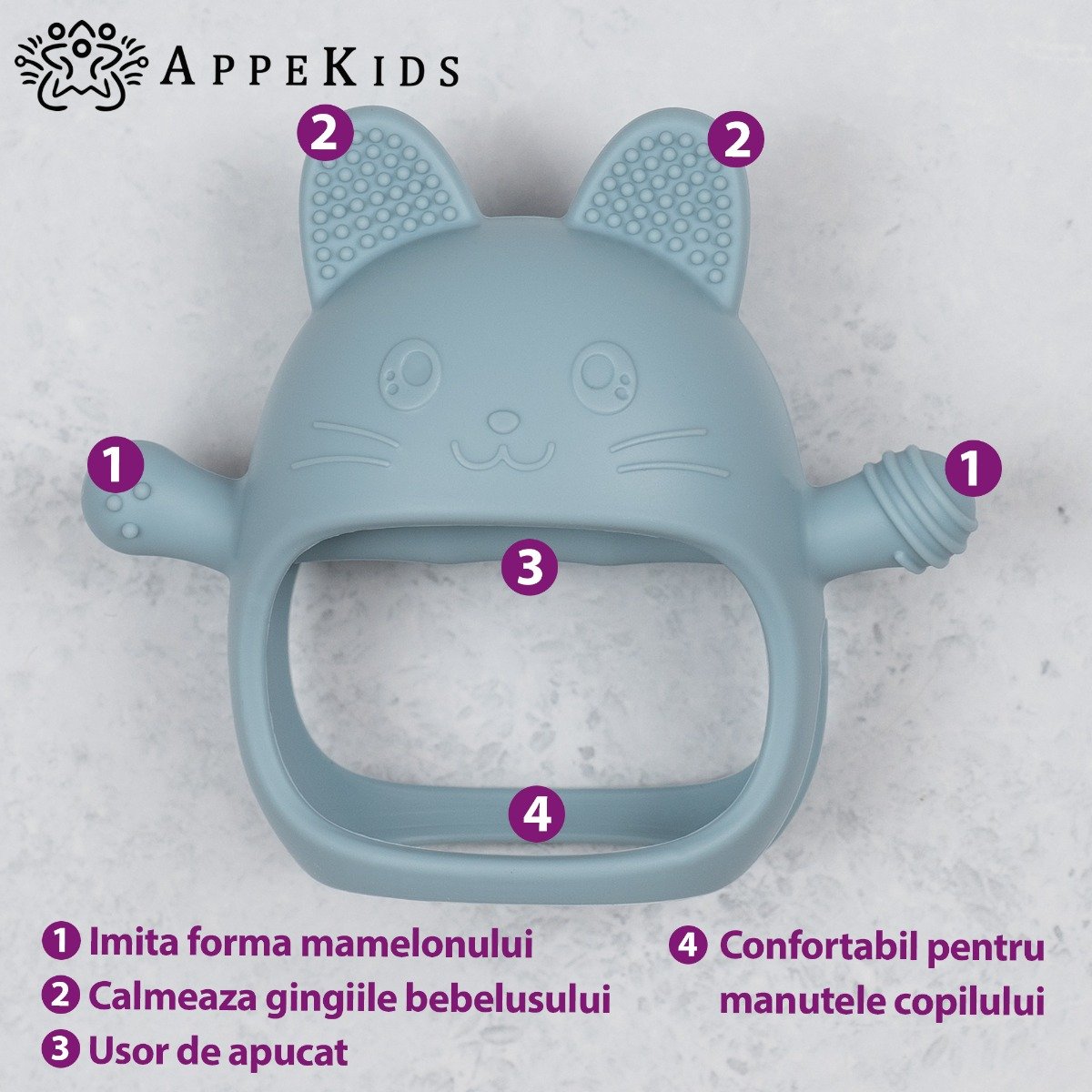 AppeKids jucarie dentitie din silicon Manusa Kitty 3m+ Aqua Blue