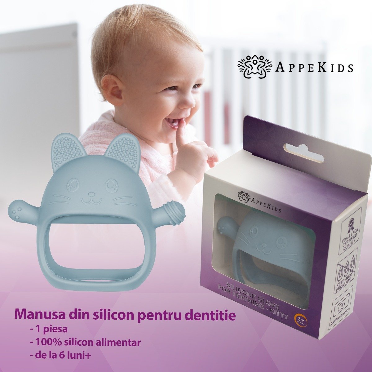 AppeKids jucarie dentitie din silicon Manusa Kitty 3m+ Aqua Blue