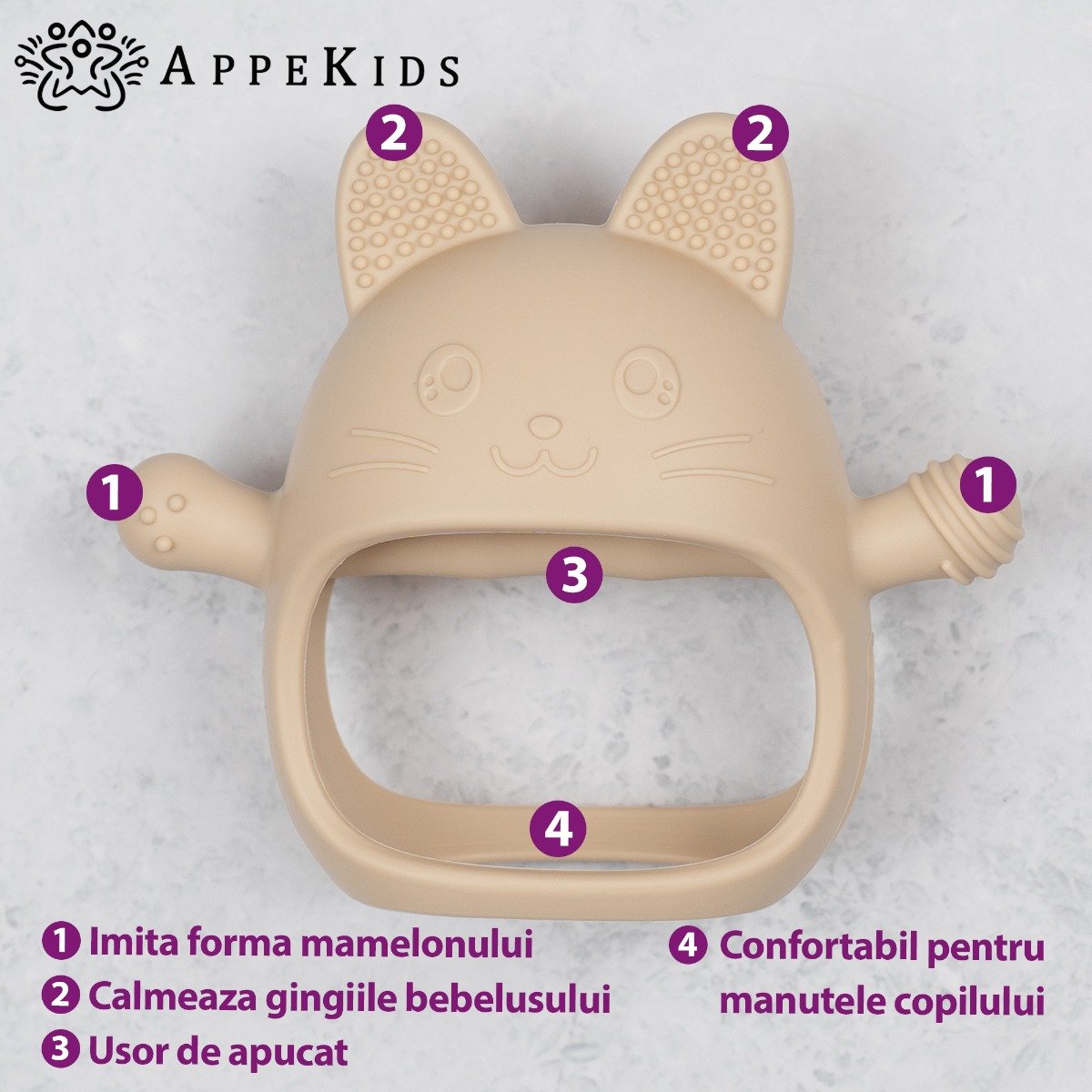 AppeKids jucarie dentitie din silicon Manusa Kitty 3m+ Bubble Beige