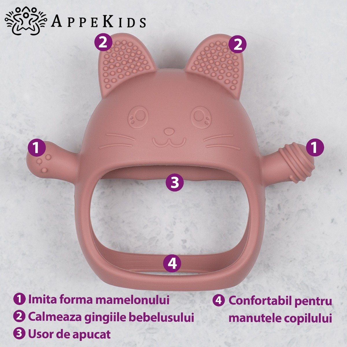 AppeKids jucarie dentitie din silicon Manusa Kitty 3m+ Old Rose