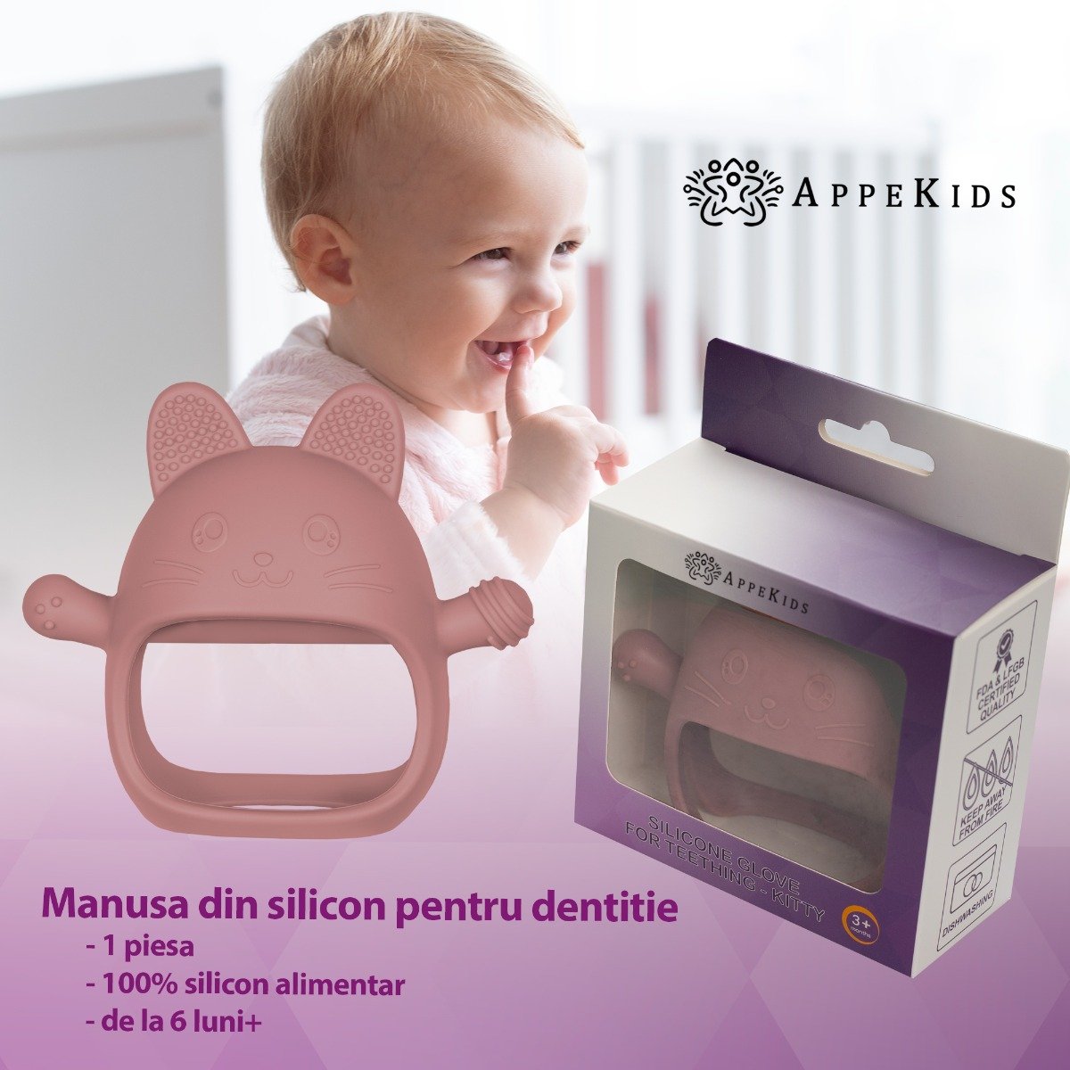 AppeKids jucarie dentitie din silicon Manusa Kitty 3m+ Old Rose