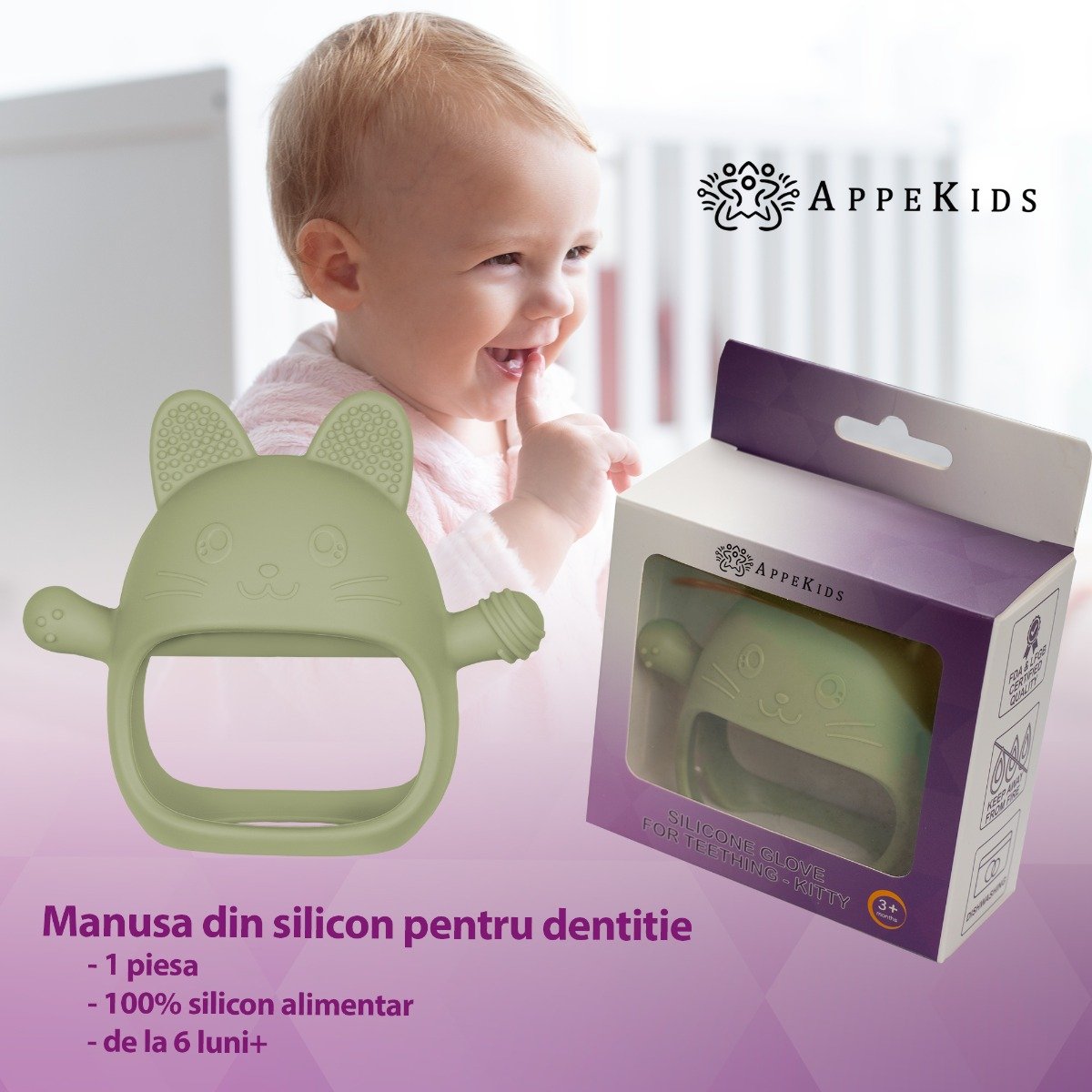 AppeKids jucarie dentitie din silicon Manusa Kitty 3m+ Raw Green
