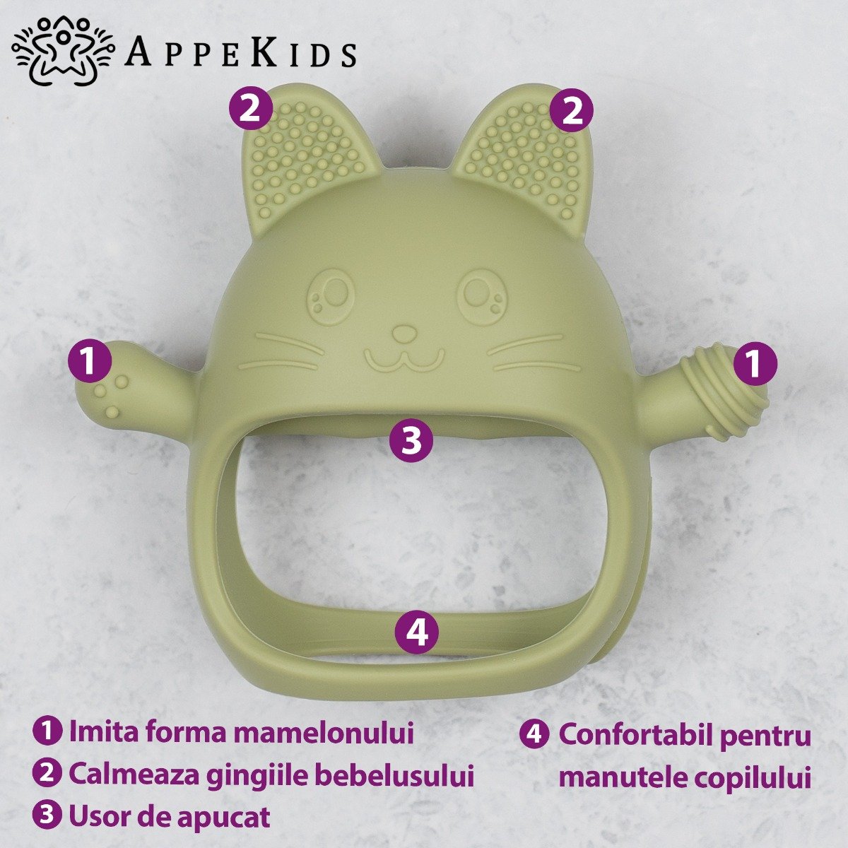 AppeKids jucarie dentitie din silicon Manusa Kitty 3m+ Raw Green