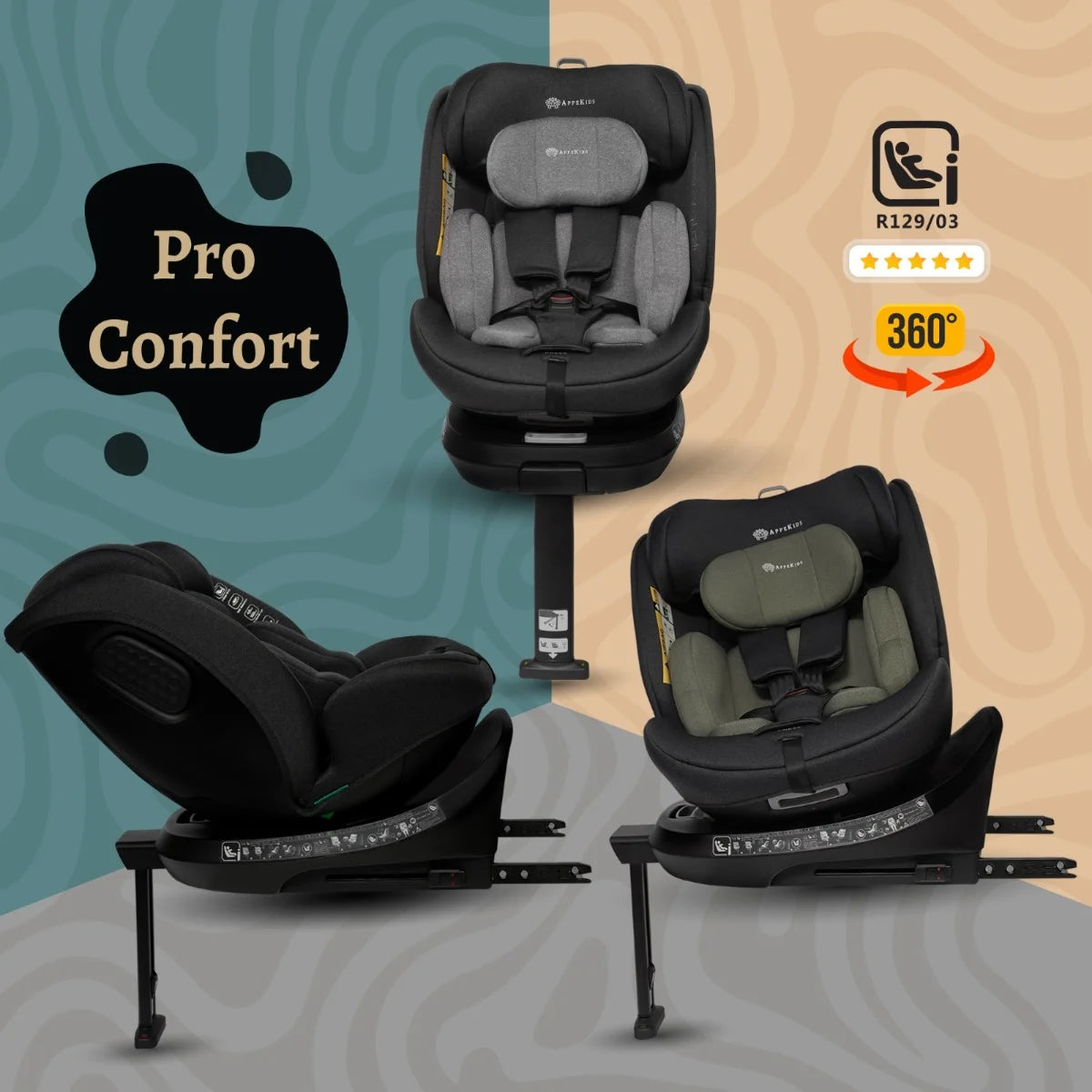 AppeKids scaun auto Pro Confort i-Size Rear Facing 360° 40-150 cm Black