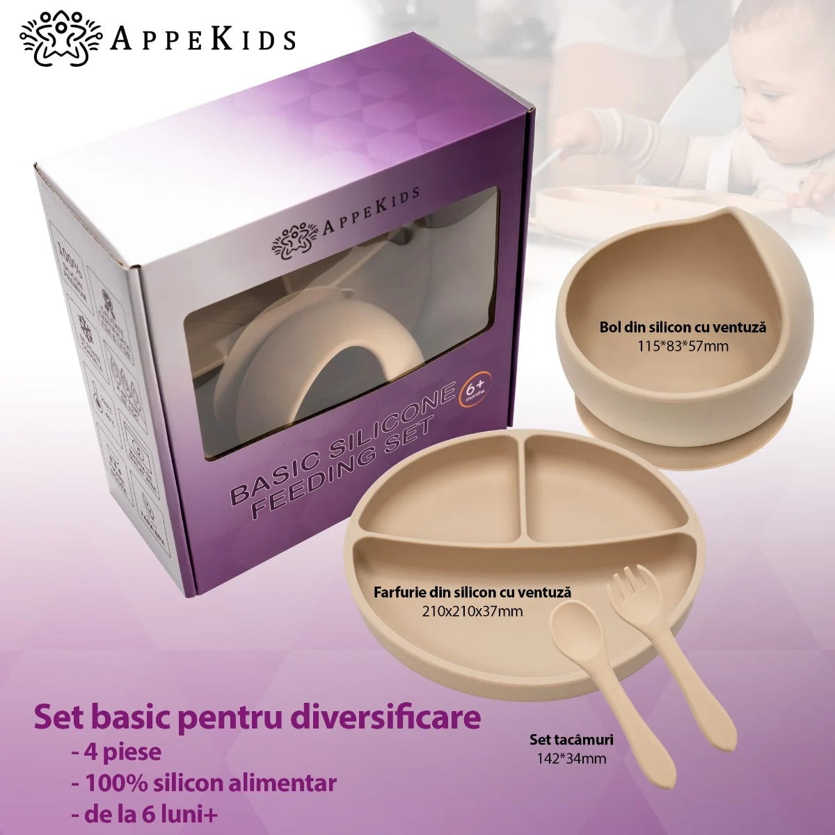 AppeKids set diversificare Basic silicon din 4 piese 6m+ Bubble Beige