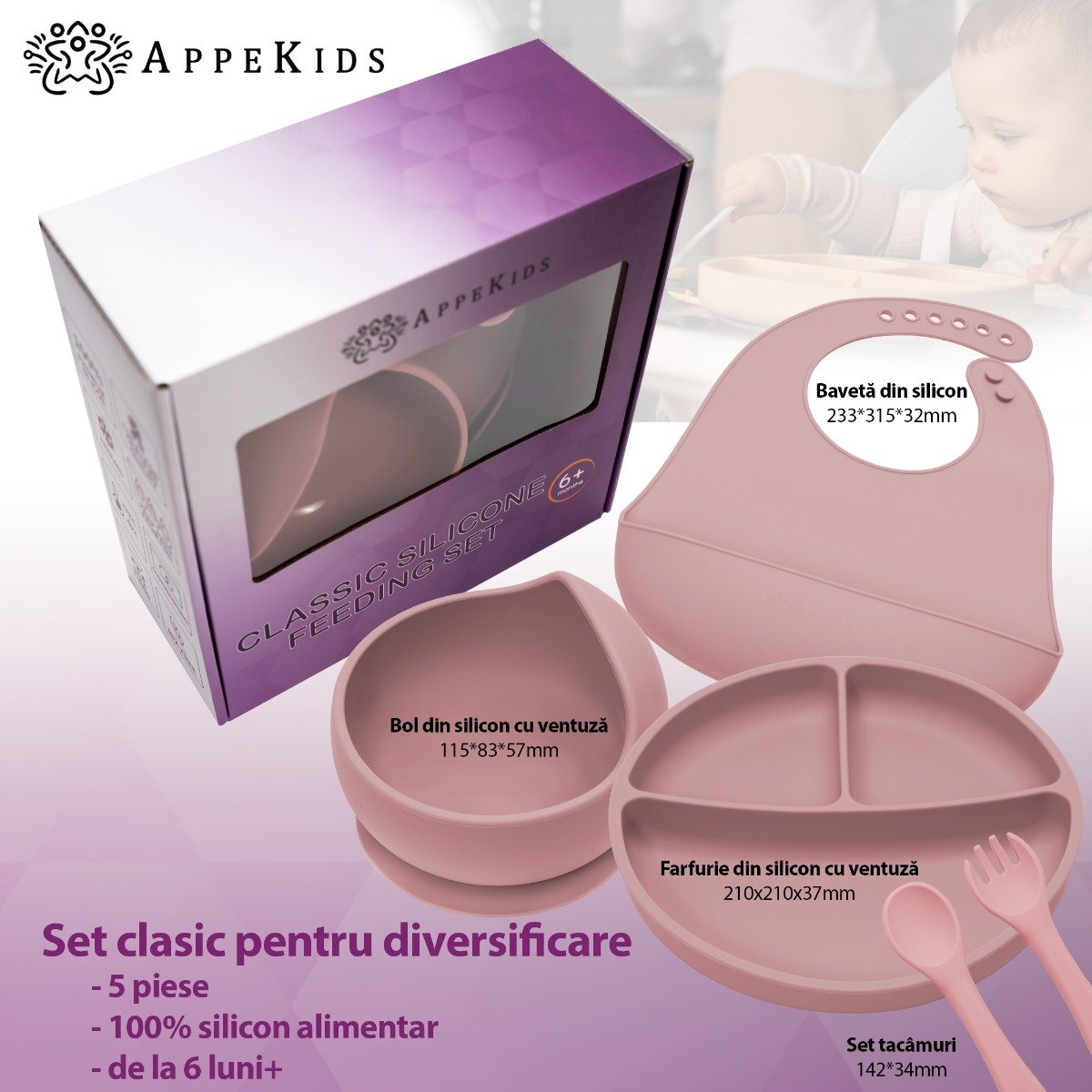 AppeKids set diversificare Classic din silicon 6m+ Old Rose