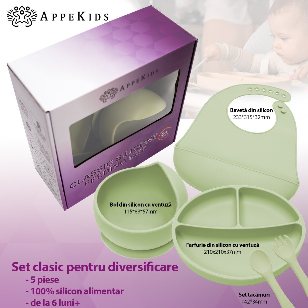 AppeKids set diversificare Classic din silicon 6m+ Raw Green