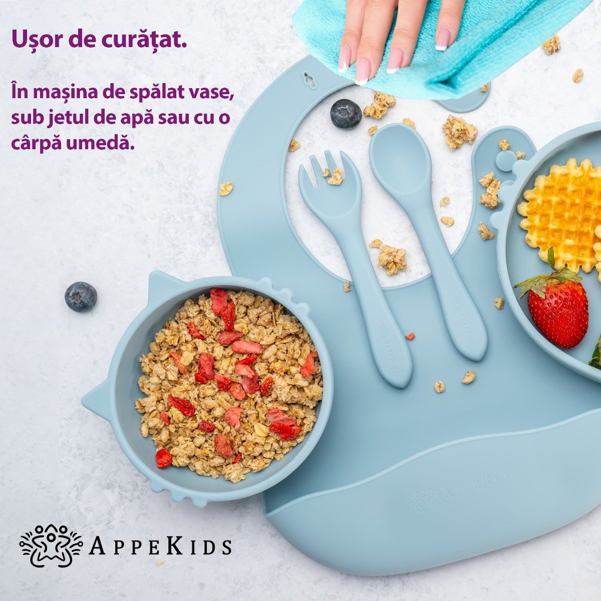 AppeKids set diversificare Kitty din silicon 6m+ Aqua Blue