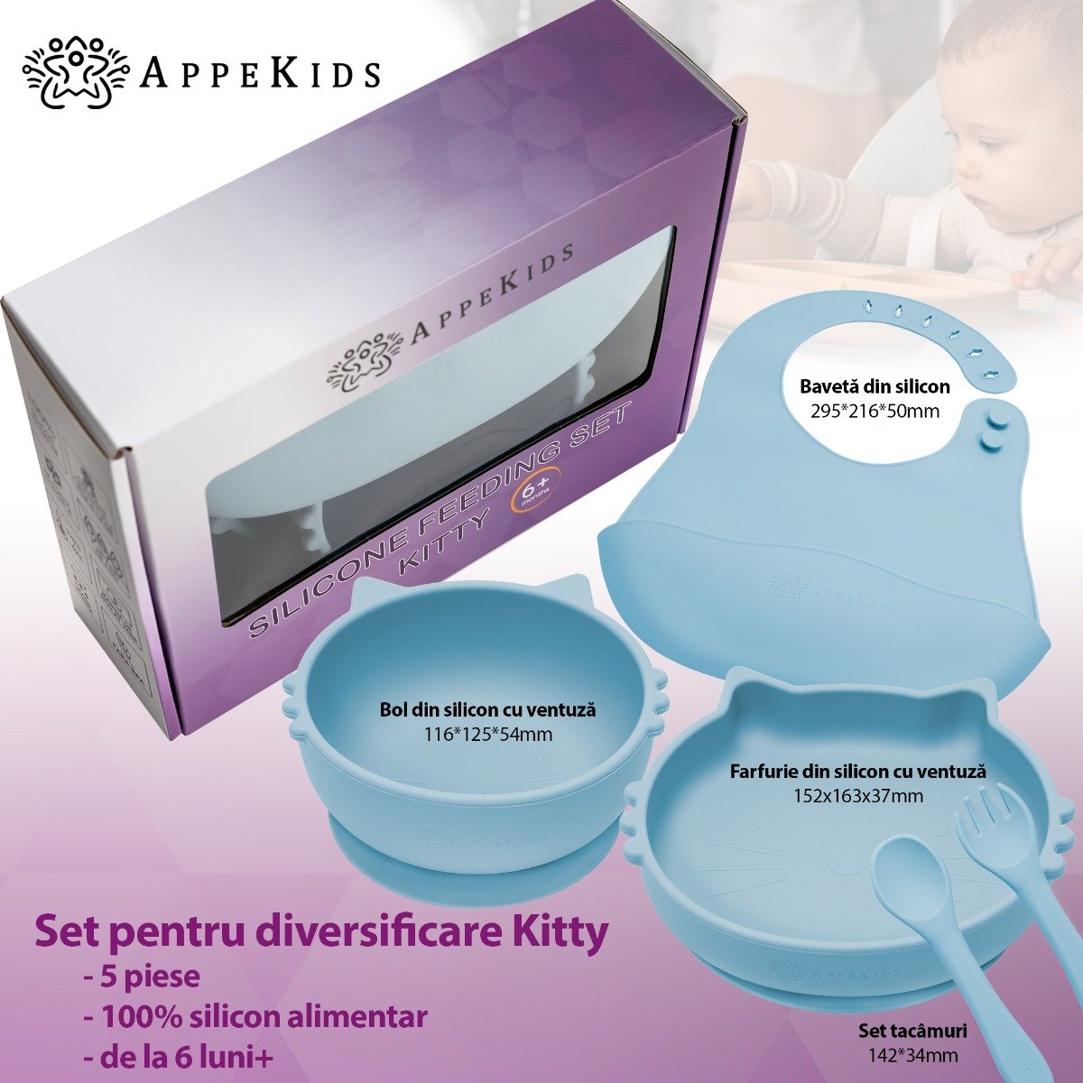 AppeKids set diversificare Kitty din silicon 6m+ Aqua Blue