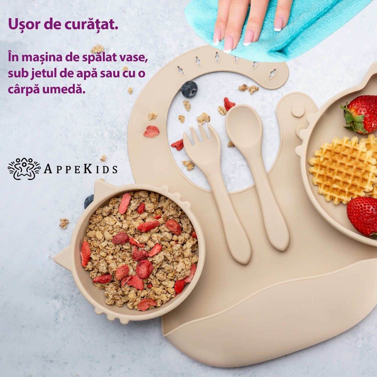 AppeKids set diversificare Kitty din silicon 6m+ Bubble Beige