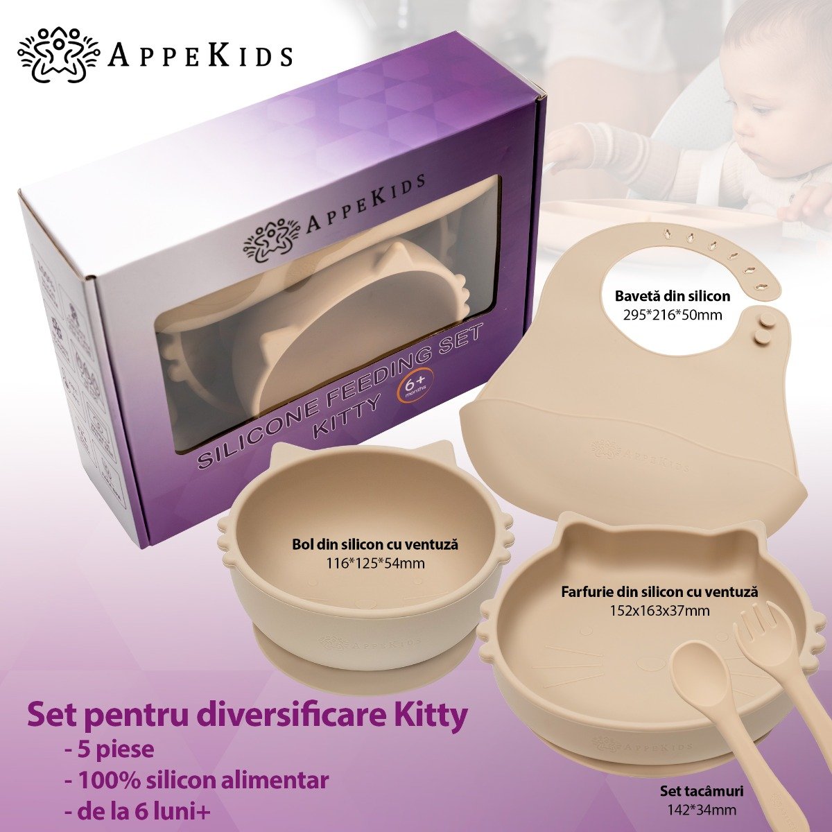 AppeKids set diversificare Kitty din silicon 6m+ Bubble Beige