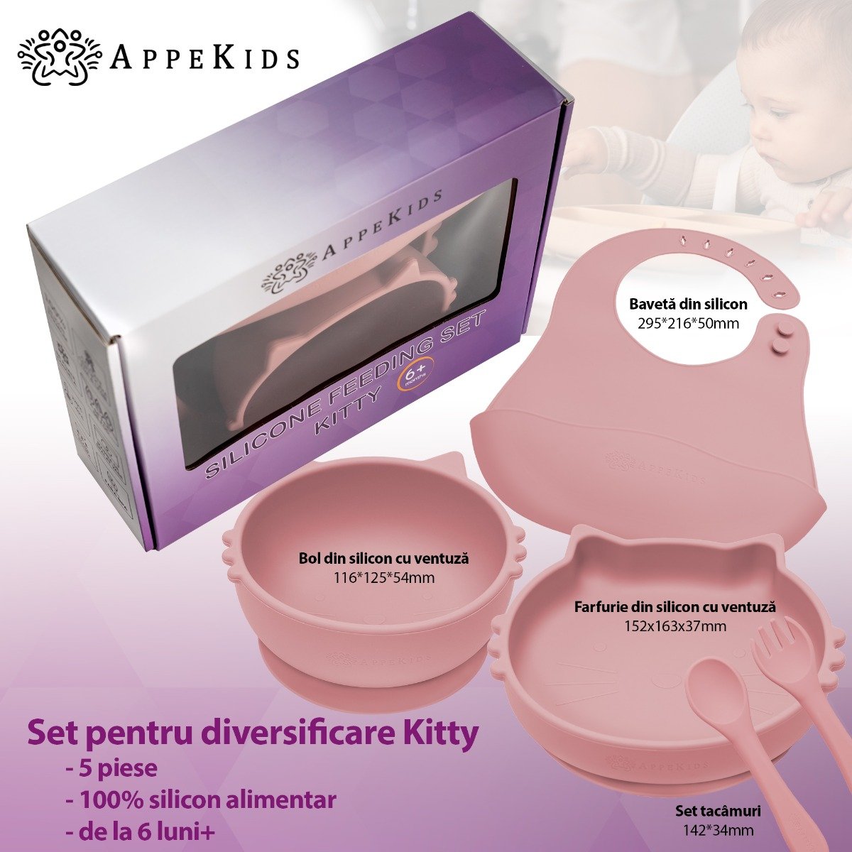 AppeKids set diversificare Kitty din silicon 6m+ Old Rose