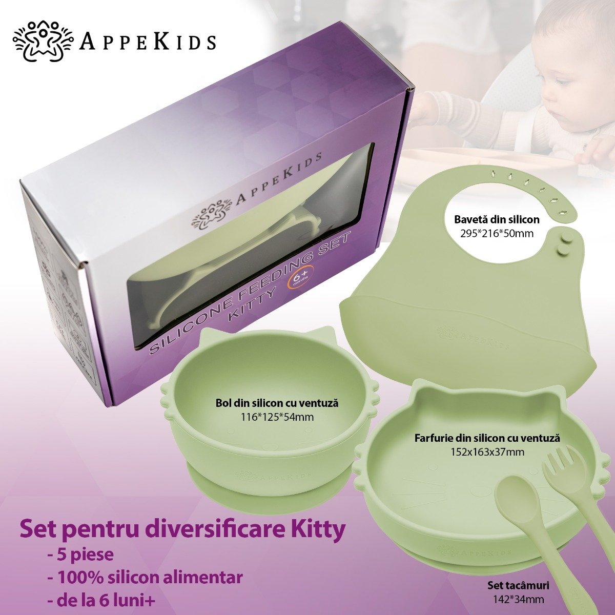 AppeKids set diversificare Kitty din silicon 6m+ Raw Green