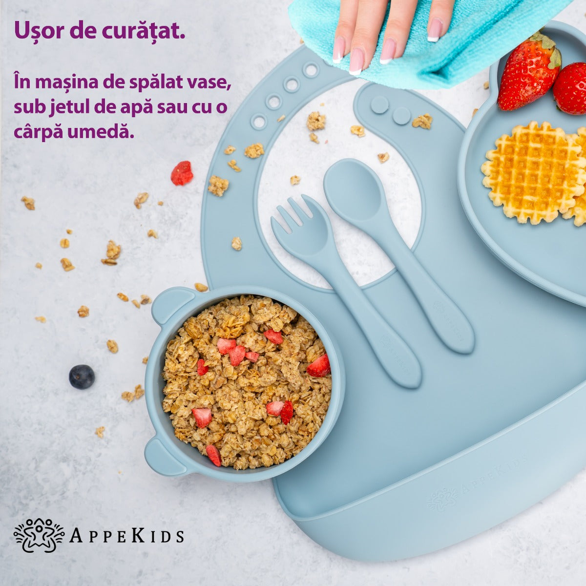 AppeKids set diversificare Panda din silicon 6m+ Aqua Blue