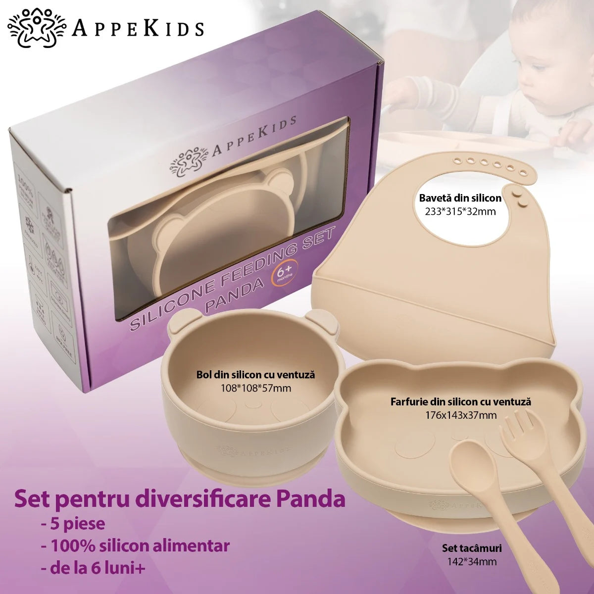 AppeKids set diversificare Panda din silicon 6m+ Bubble Beige