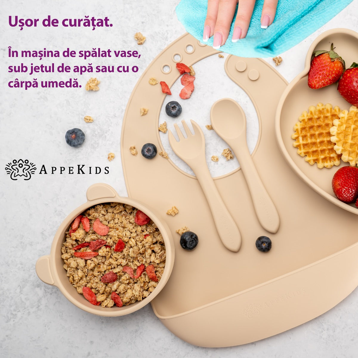 AppeKids set diversificare Panda din silicon 6m+ Bubble Beige