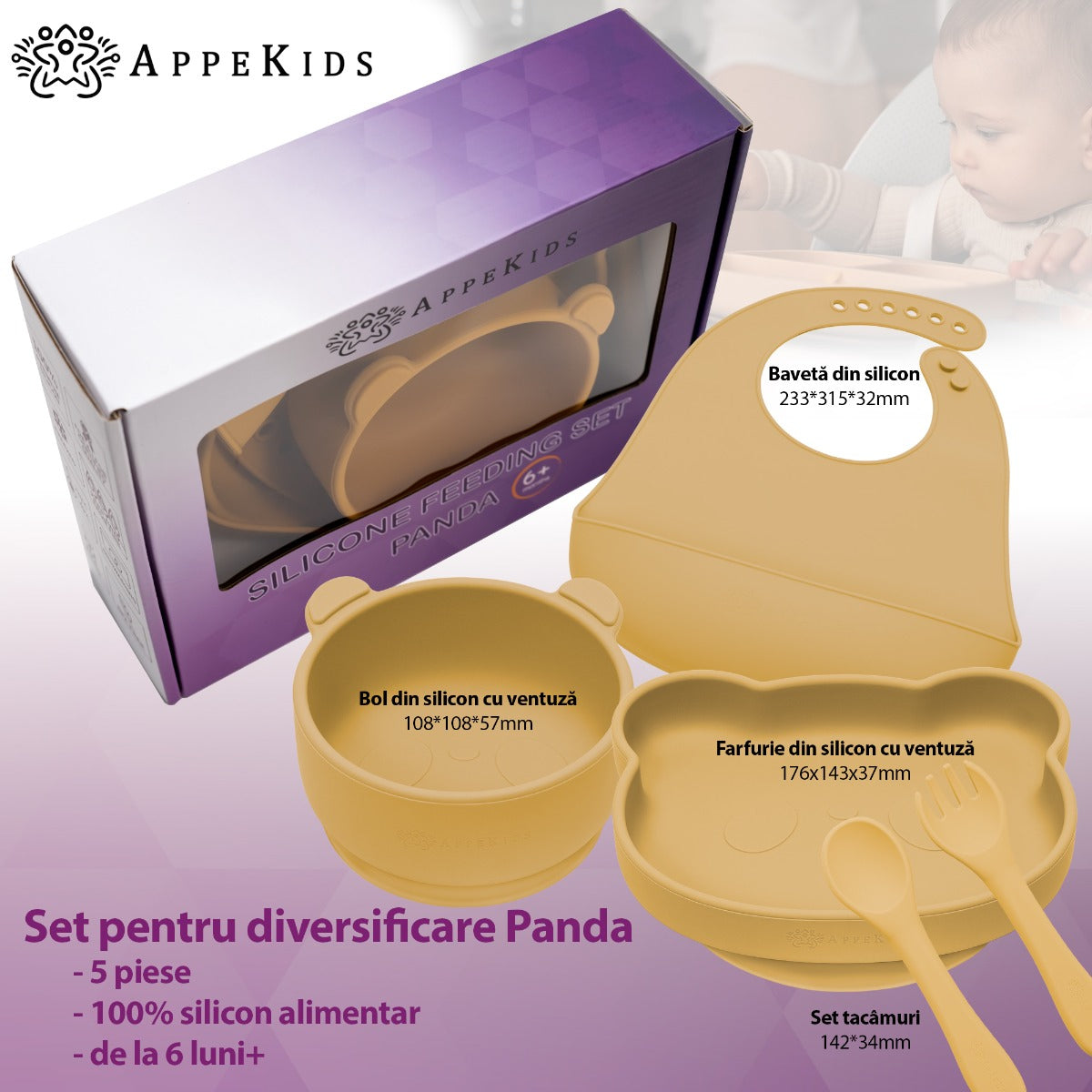AppeKids set diversificare Panda din silicon 6m+ Honey