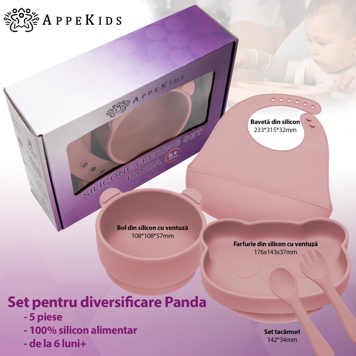 AppeKids set diversificare Panda din silicon 6m+ Old Rose