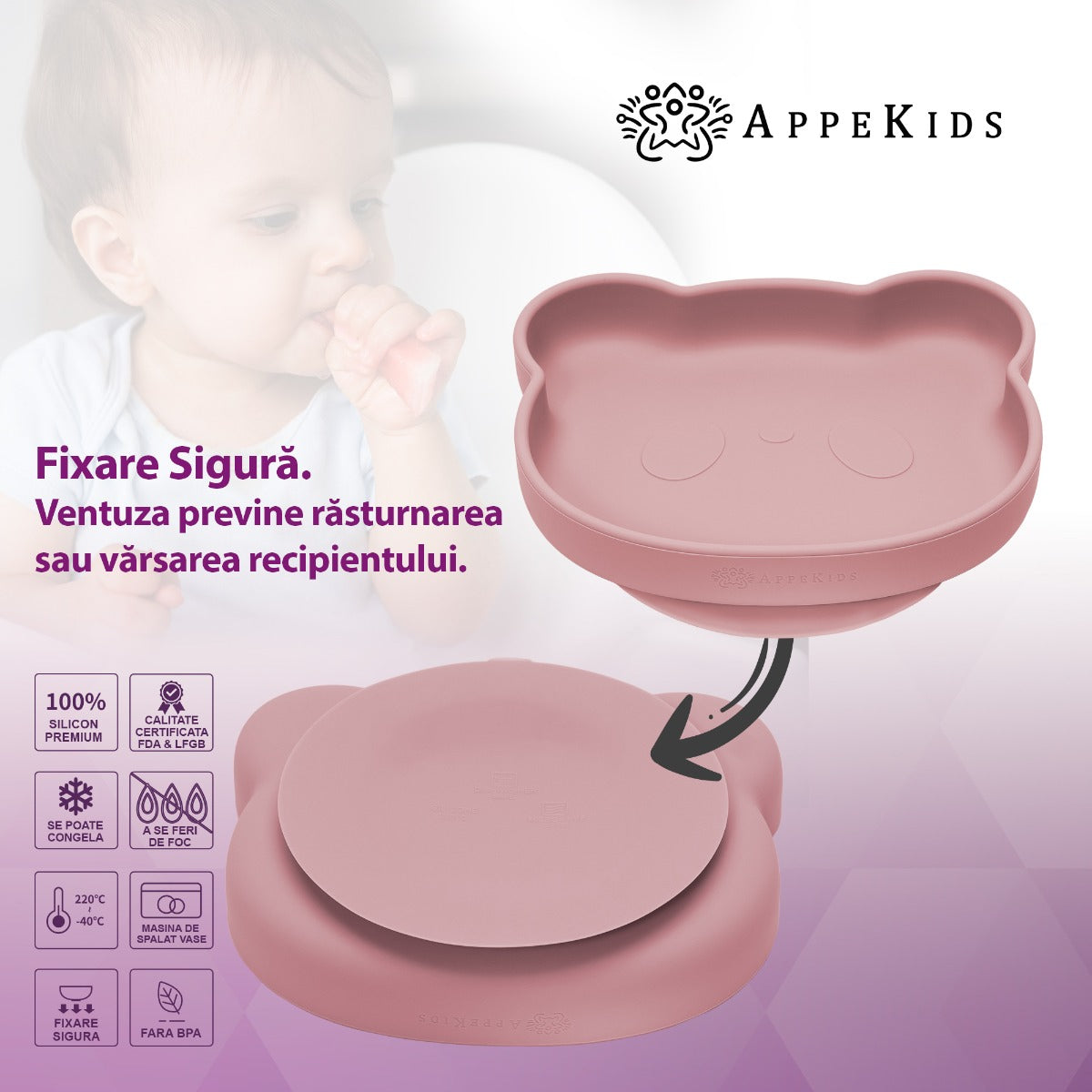 AppeKids set diversificare Panda din silicon 6m+ Old Rose