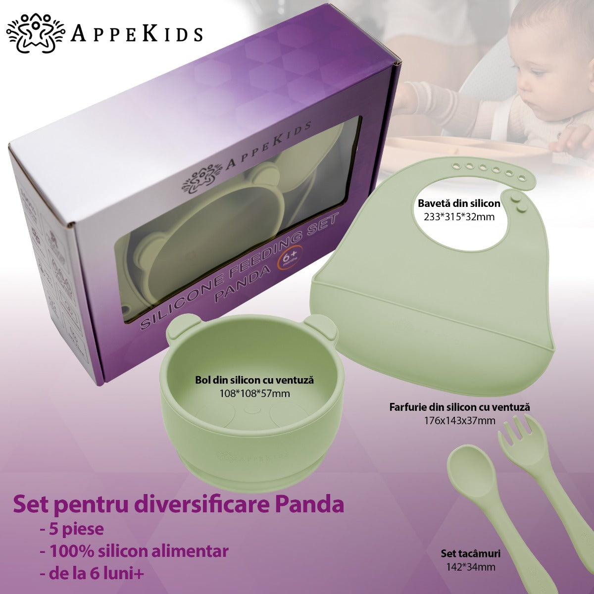 AppeKids set diversificare Panda din silicon 6m+ Raw Green